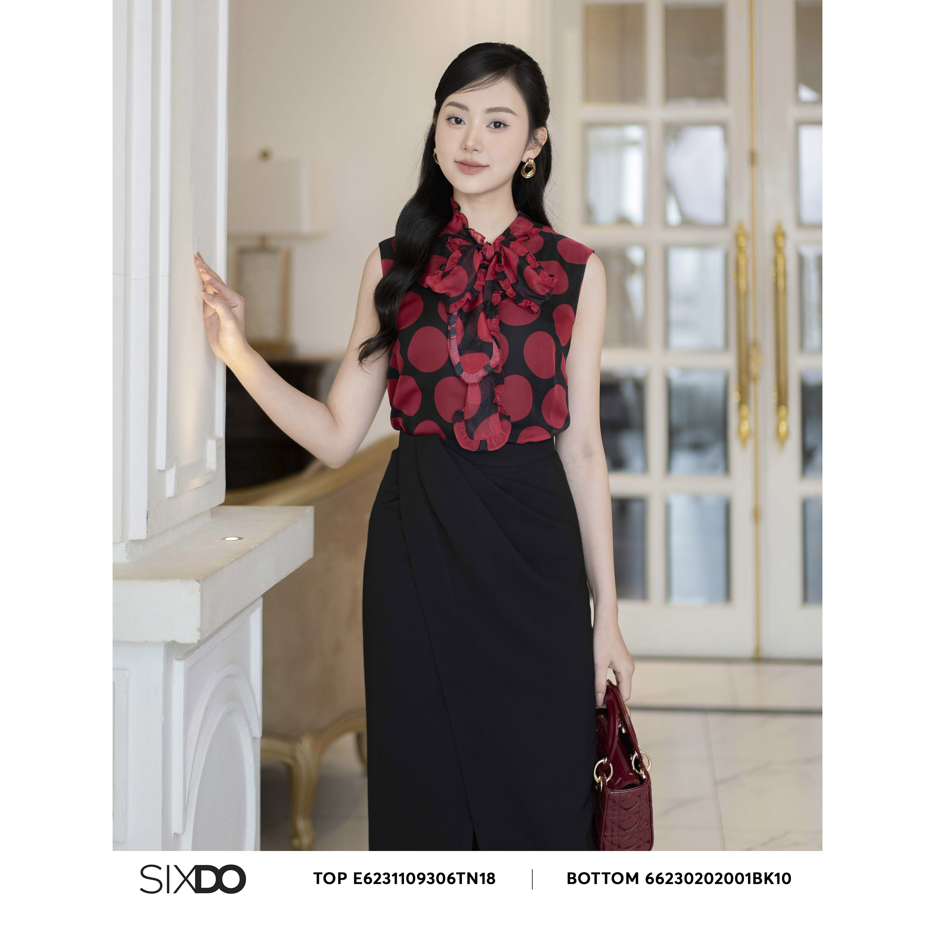 Áo voan nữ chấm bi đỏ sát nách SIXDO