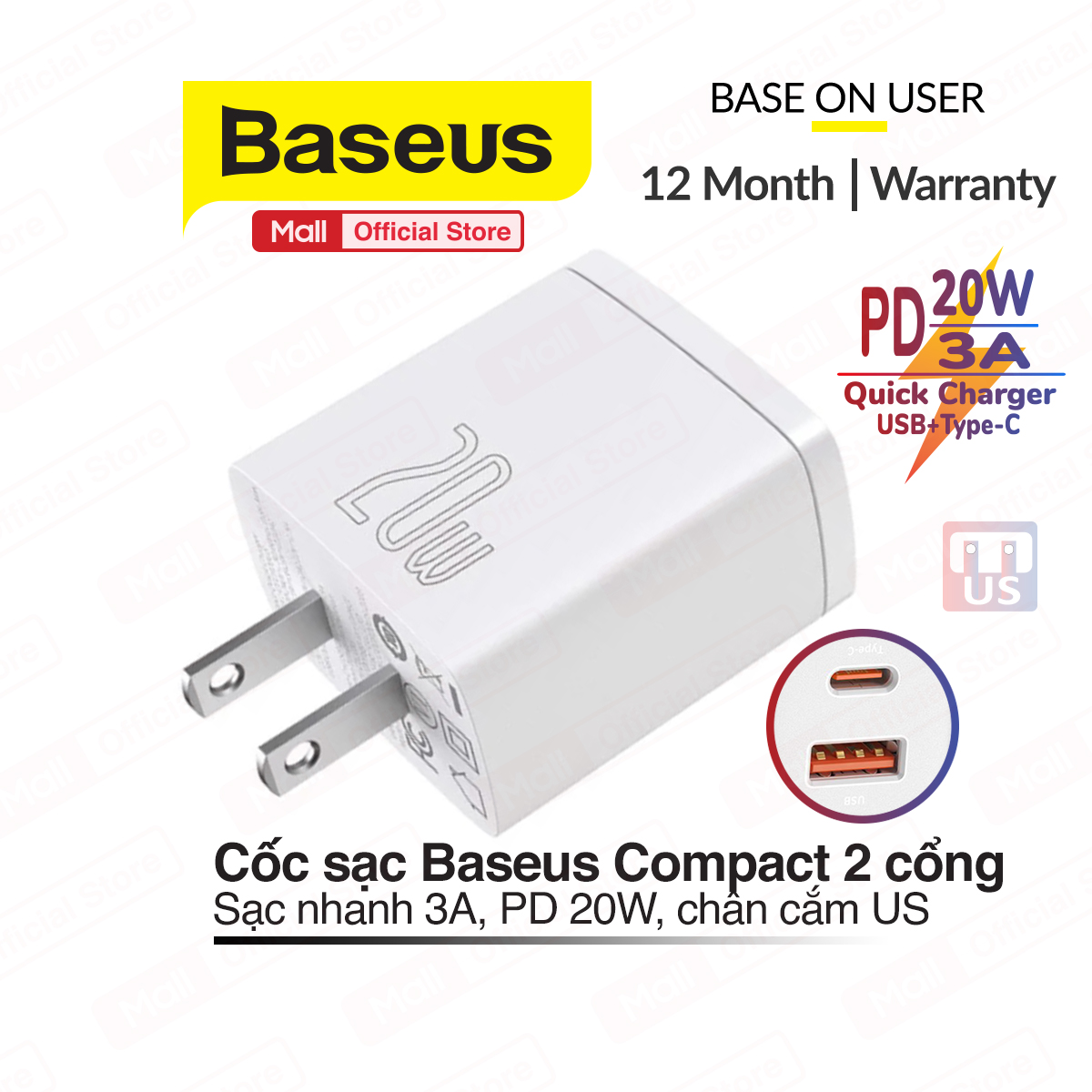 Củ sạc nhanh Baseus Compact Quick Charger PD 20W chân cắm US