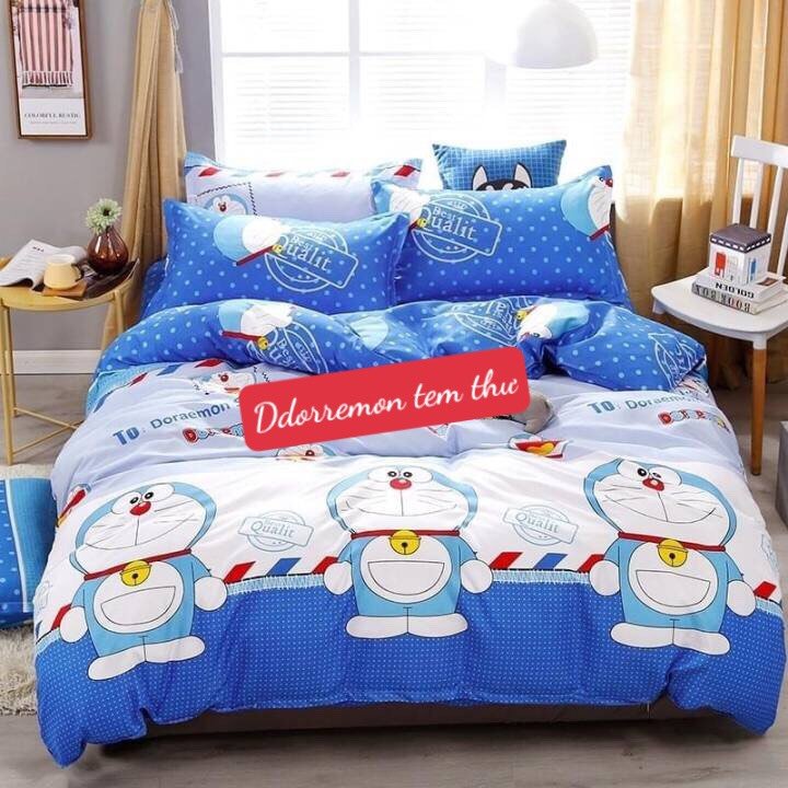 Bộ Ga Gối 3 Món[1ga +2 vỏ gối]2mx2m2 Poly Cotton, mẫu doremon tem thư