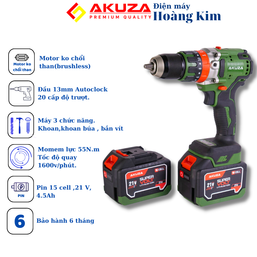 [HCM] Máy khoan pin Akuza đầu auto lock 13mm không chổi than - Máy khoan tắc động siêu khoẻ, siêu bền FULL PHỤ KIỆN