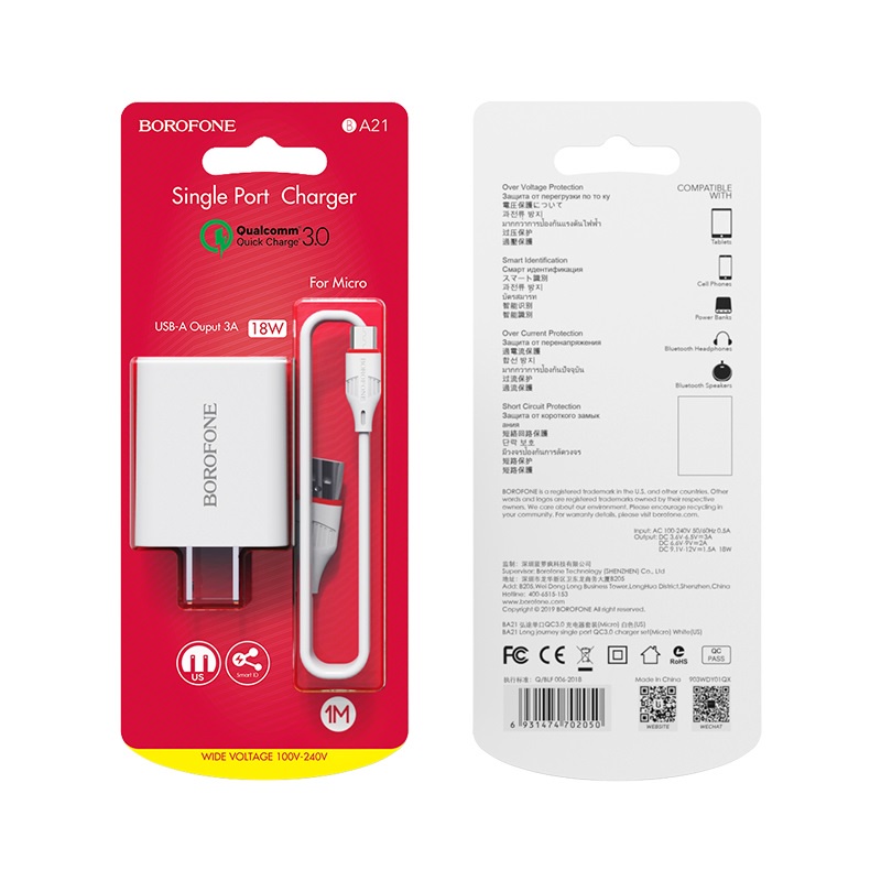 Bộ sạc nhanh 18w - qc 3.0 borofone ba21 đầu micro, type-c dùng cho android, cổng usb, dây cáp dài 1m - chính hãng