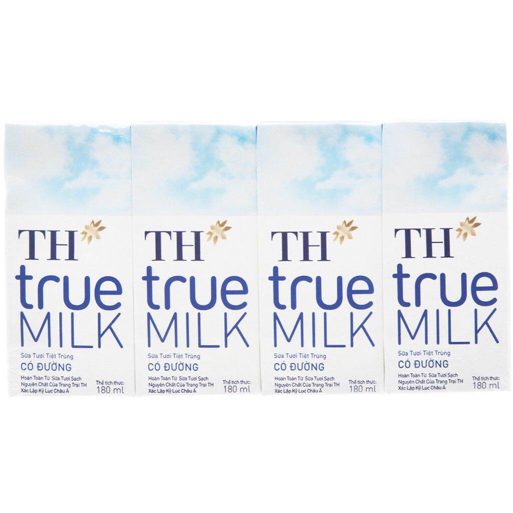 Lốc 4 hộp sữa tươi tiệt trùng có đường ít đường TH true milk 180ml 4 hộp