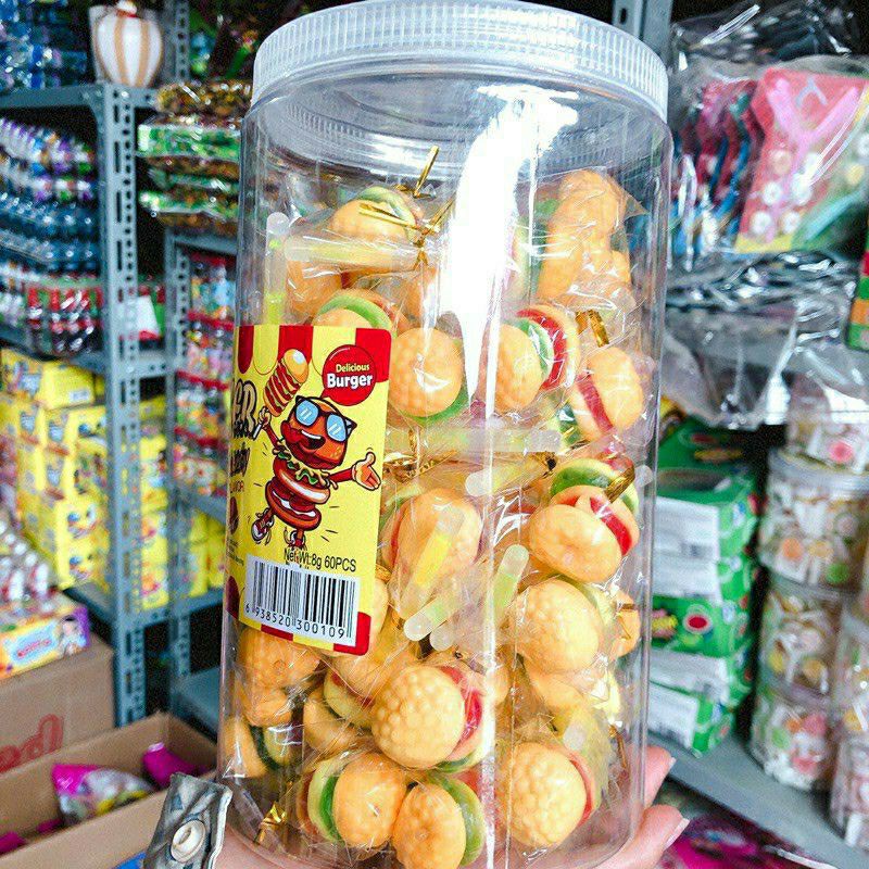 Lọ 60 Chiếc Kẹo Dẻo Hamburger Có Que Câm  ( Sỉ Đồ Trẻ Em)