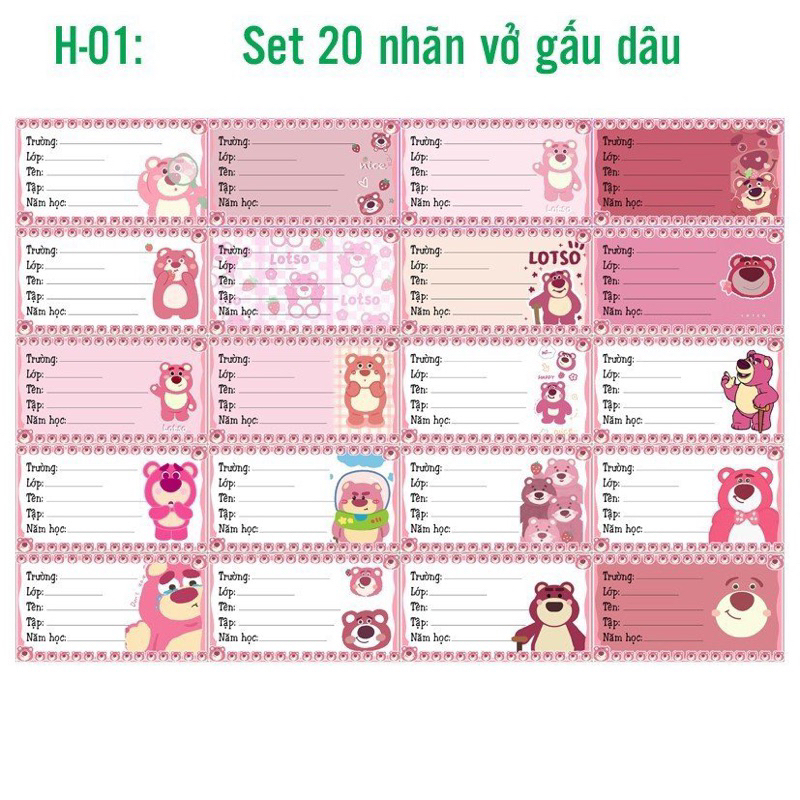 Nhãn vở gấu dâu tây gấu dâu hồng lot so gấu bear 40 nhãn khác nhau/ nhãn dán Lotso bear gấu dâu cute