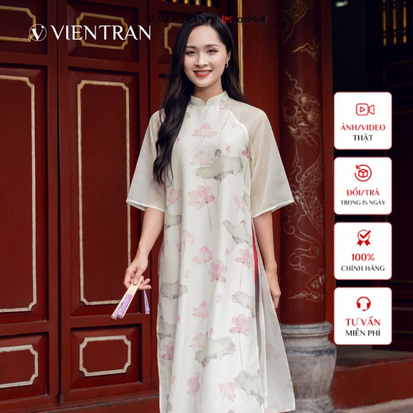 Áo dài tết cách tân nữ truyền thống tết 2024 VIENTRAN màu trắng hồng