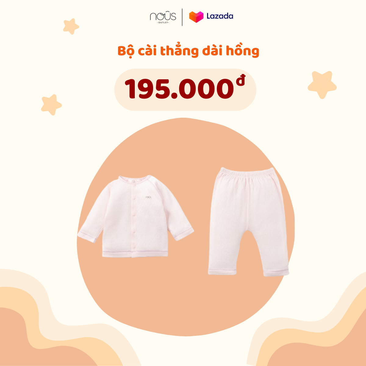 [Nous Baby] Bộ cài thẳng dài Nous màu hồng cho bé (size 0-12 tháng)
