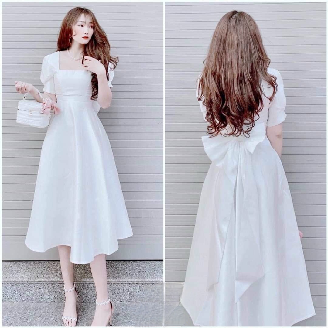 Đầm xòe thiết kế, Đầm tiểu thư cổ vuông đính ngọc nơ sau cao cấp
