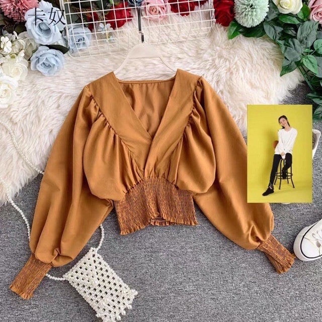 Áo kiểu croptop🍁Áo nhúm eo tay dài ống bo🍁
