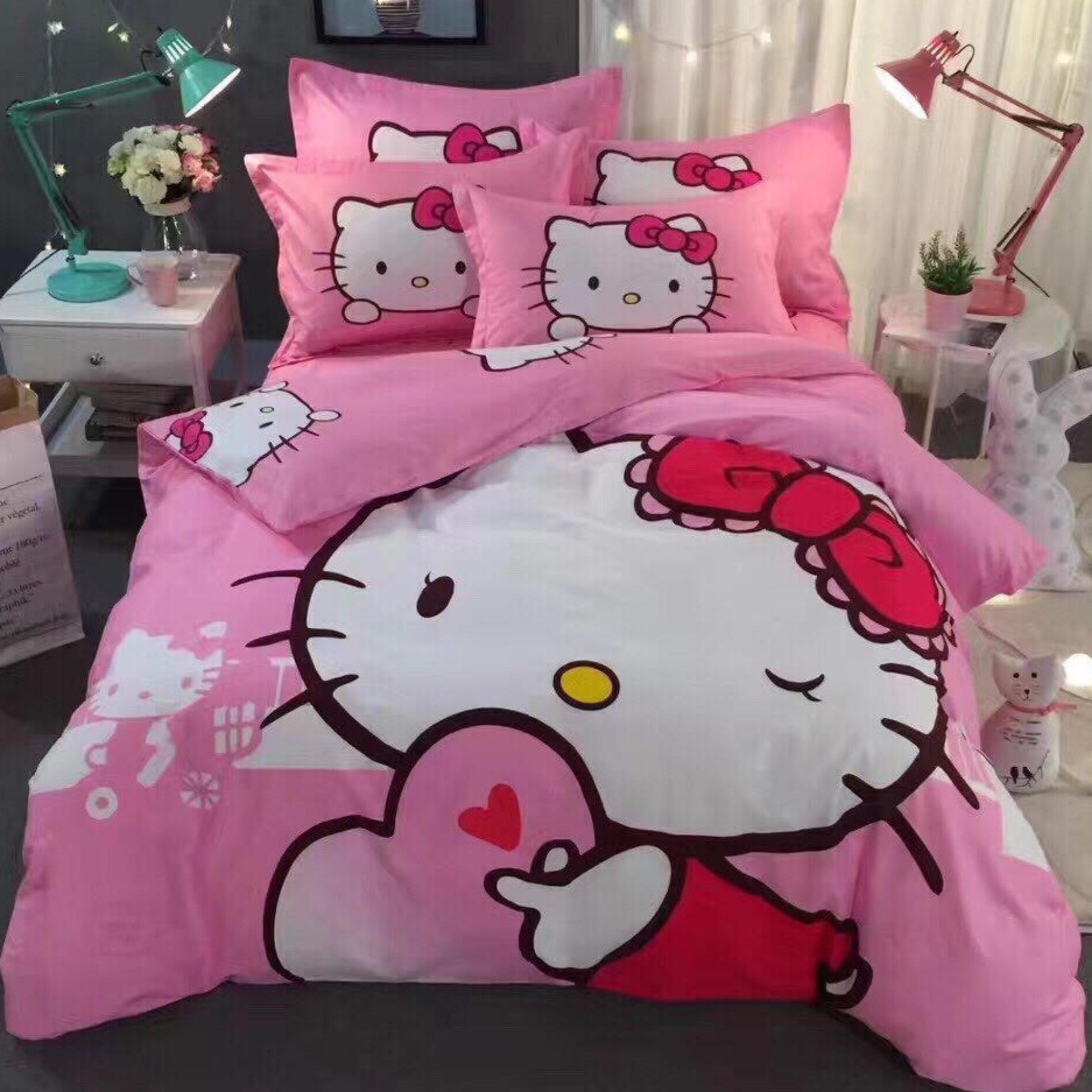 Bộ chăn ga gối phong cách Hàn Quốc mèo hồng ôm trái tim bo chun đủ kích thước.