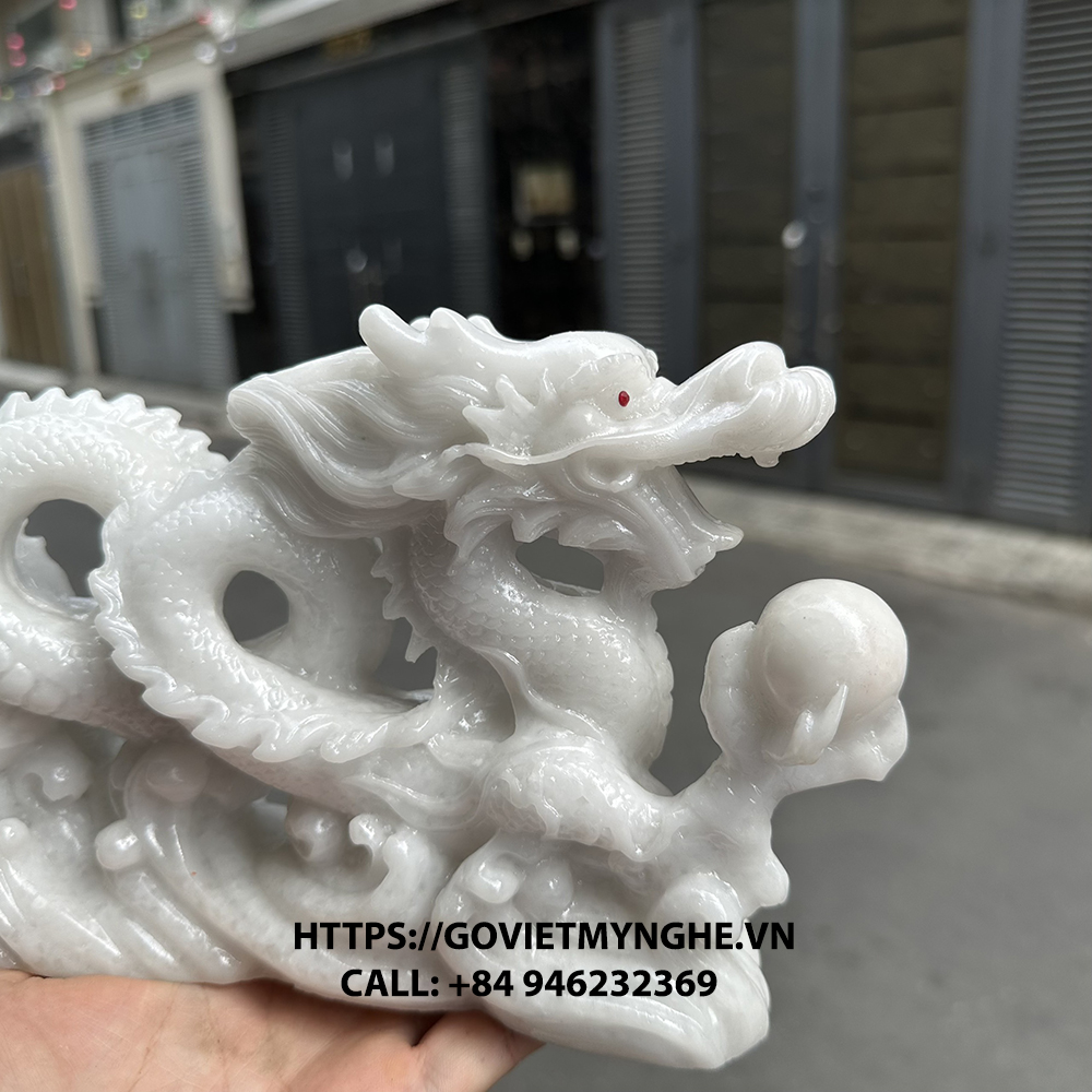 Feng Shui display dragon statue-peacock feather white ice-26cm long