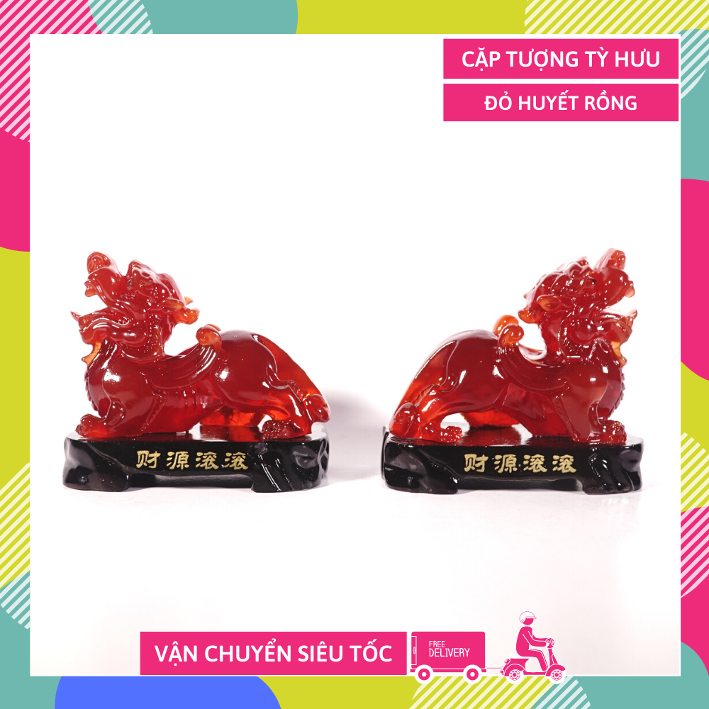 Cặp tượng Tỳ Hưu đỏ huyết rồng phong thủy chiêu tài cao 10cm - Kèm hướng dẫn khai quang