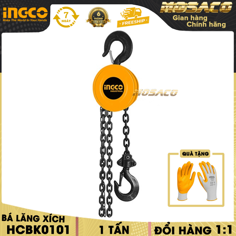 Bảng giá Pa lăng xích INGCO HCBK0101 có trọng lượng nâng 1-5 tấn. Bá lăng xích có độ cao nâng 3m Số dây xích nâng 1-2, xích kéo tay, nâng hạ nhẹ nhàng, kéo hàng nặng - MOSACO