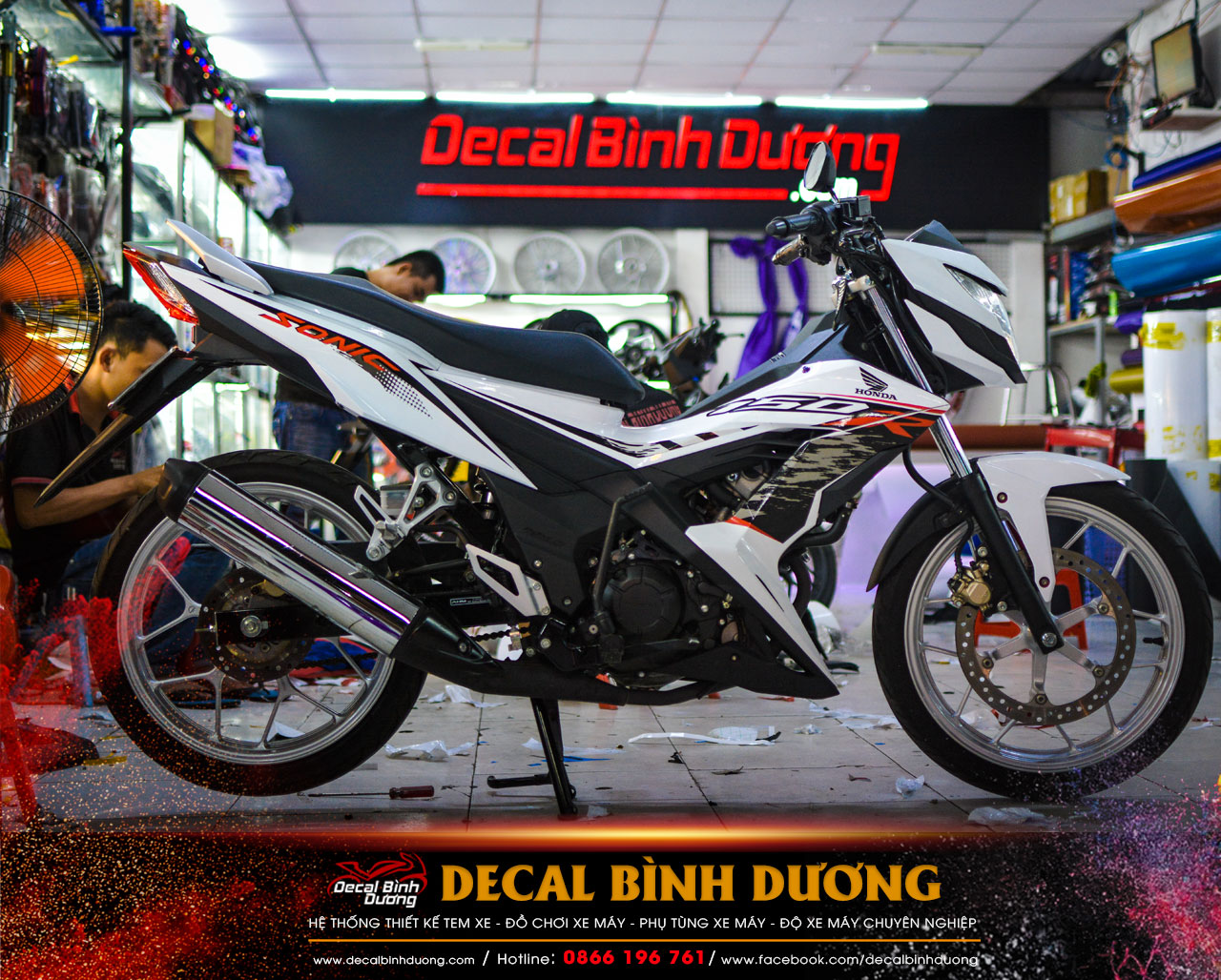 Tem Xe Sonic 150R - Tem Sonic Trắng Đỏ Đen - Decal Trùm Sonic
