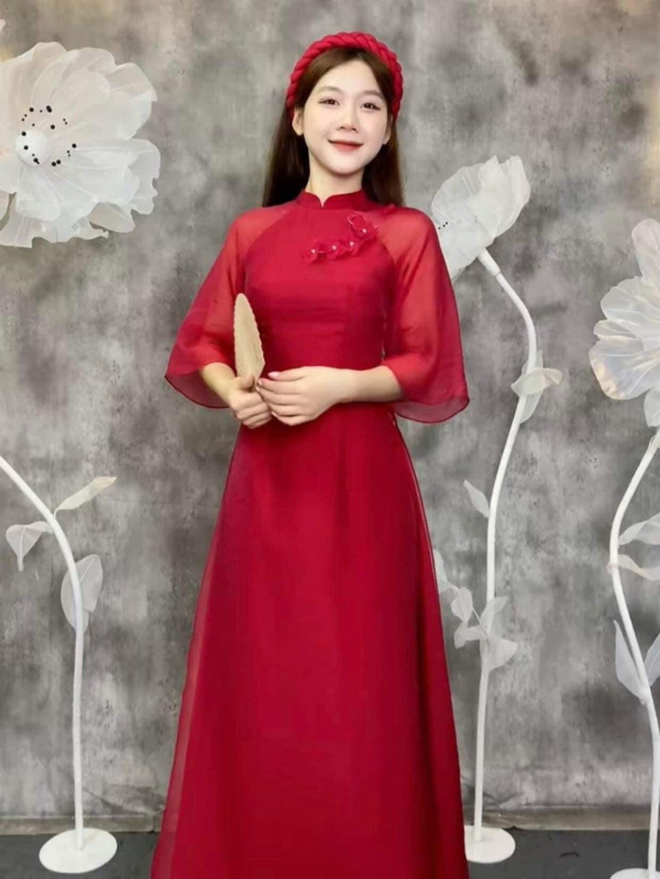 (xả lẻ size) Áo dài cách tân 4 tà màu đỏ cổ 2cm tay loe