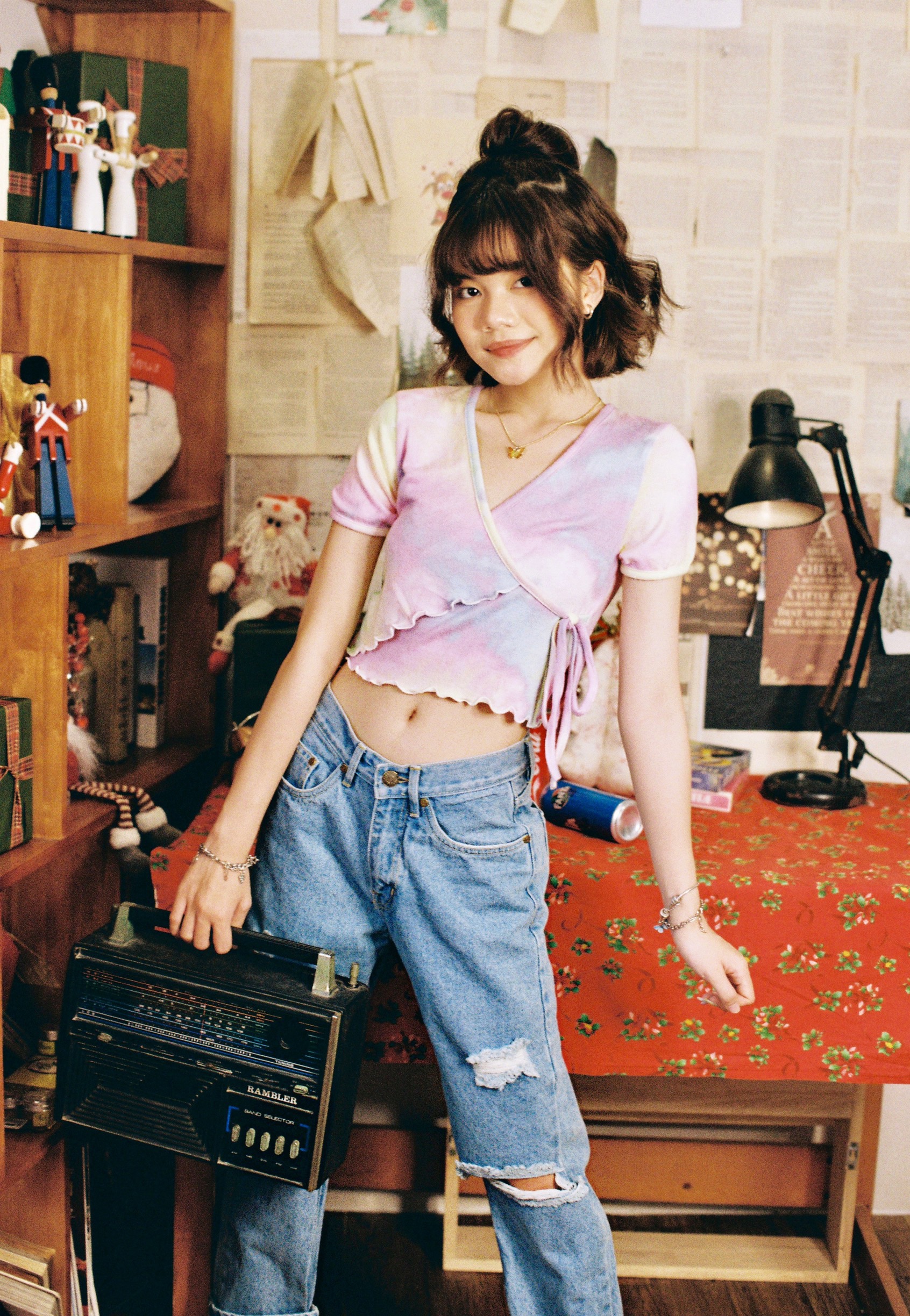 Usthebasic- Tie-dye Lettuce-edge Wrap Croptop