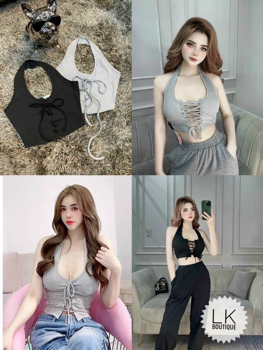 Áo kiểu yếm đeo cổ đan dây ngực croptop
