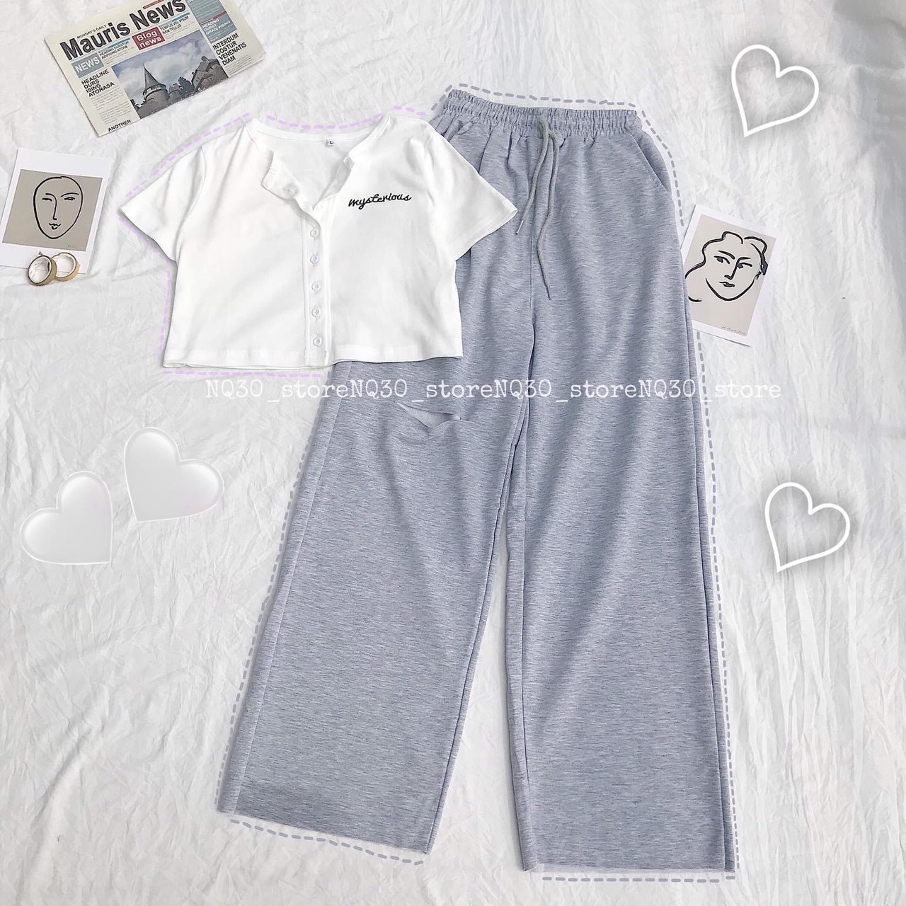 ✅Set bộ quần suông rách + crop gài nút thêu chữ