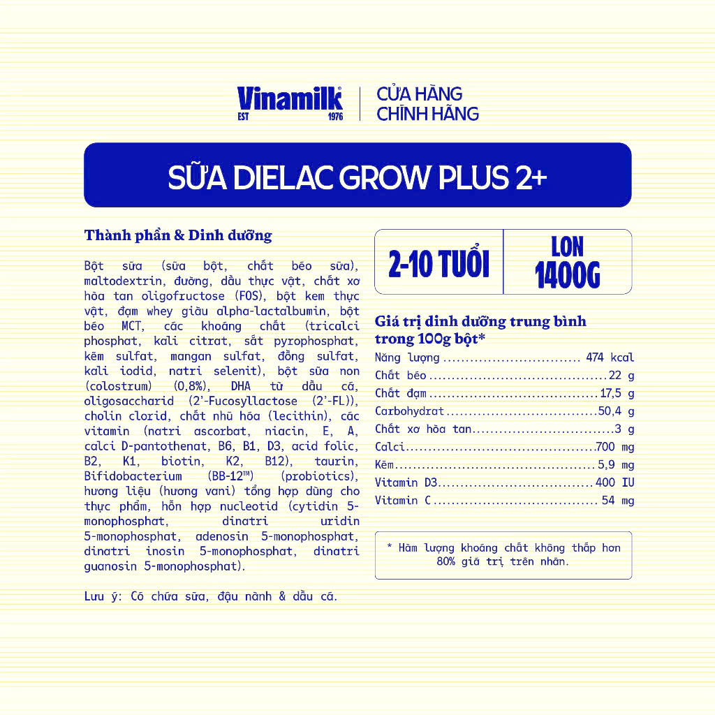 (Mẫu Mới) Sữa Bột Vinamilk Dielac Grow Plus 2+ Hộp 1400g.