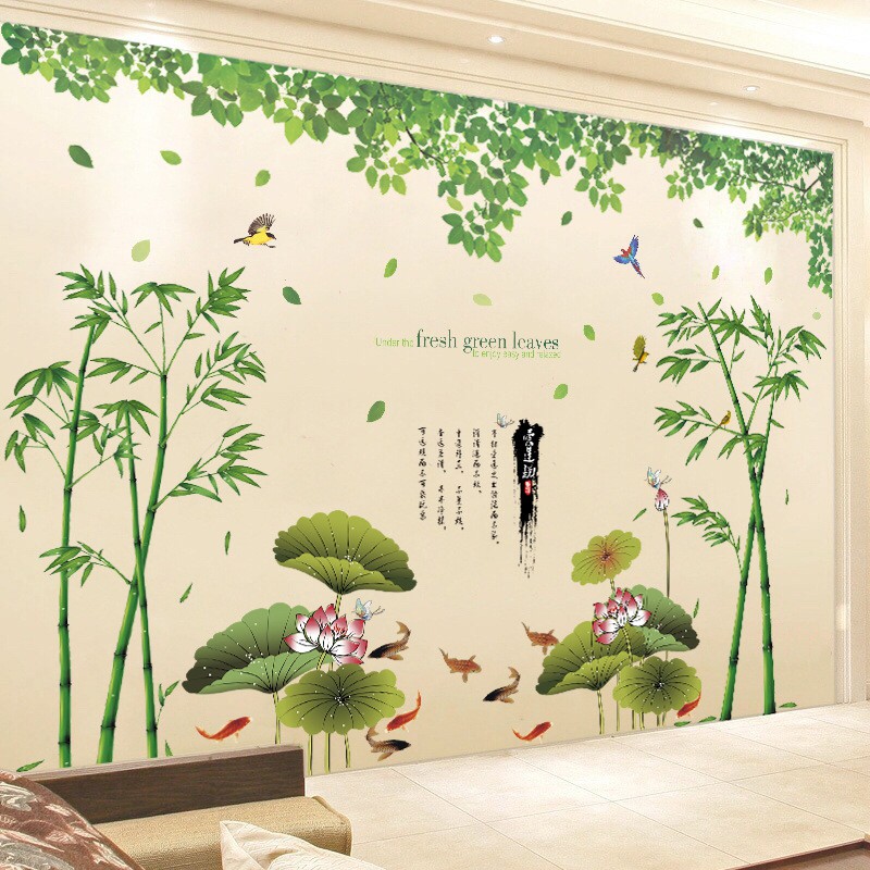 Decal dán tường Combo 3 tranh tre tranh, cá và hoa sen và tán lá xanh size đại - tranh dán tường giấy dán tường thiên nhiên cây trúc xanh và hoa sen cá