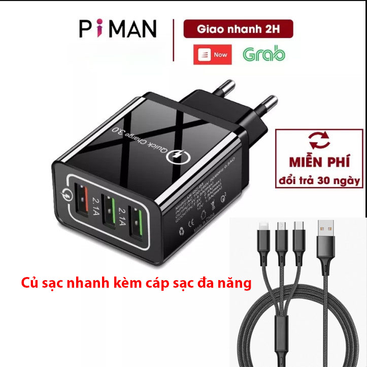 Củ Sạc Nhanh Piman 20W Samsung Oppo Quick Charge 3.0 Kéo Dài Tuổi Thọ Cho Pin Tặng kèm Cáp Sạc 3 Đầu