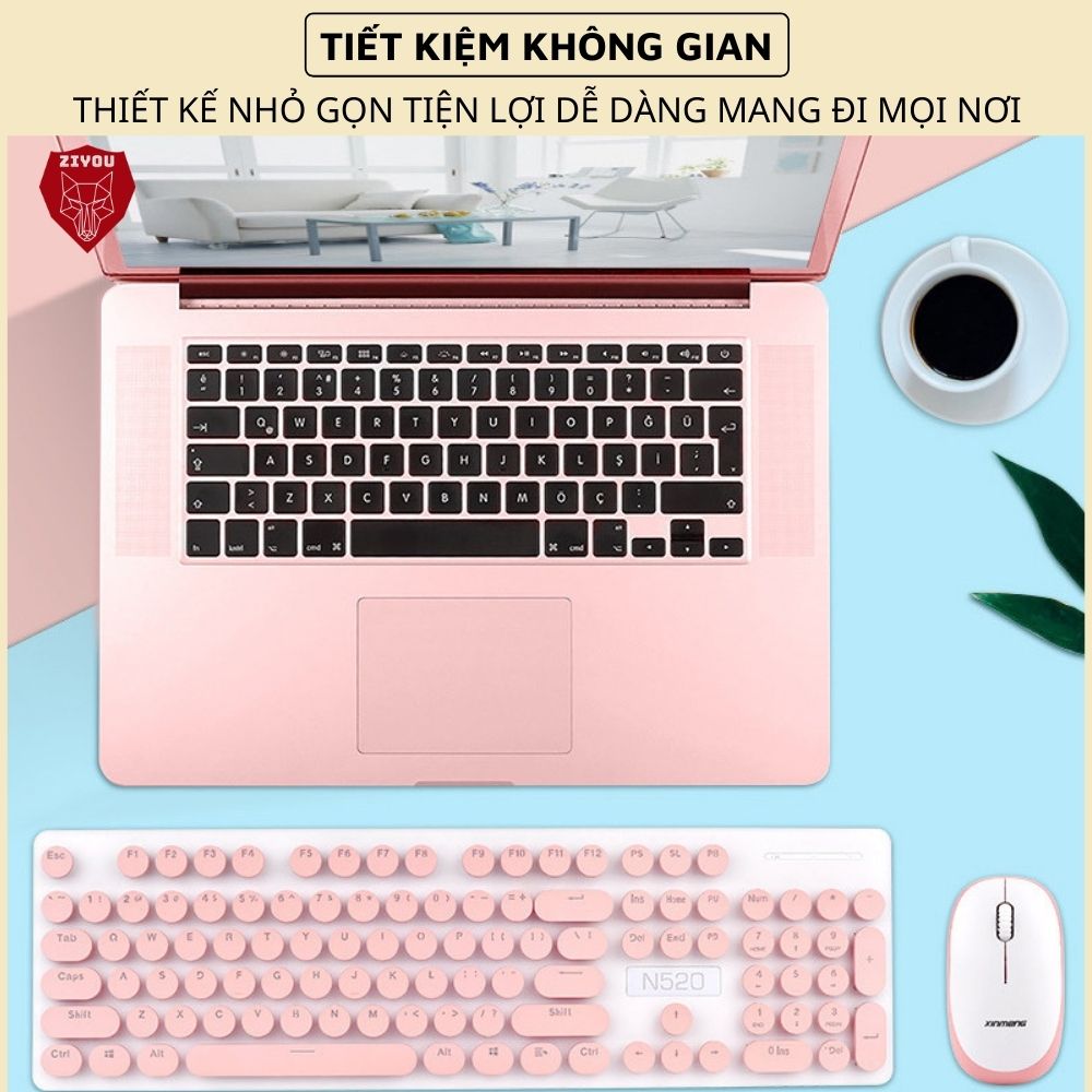 Bộ Bàn Phím Và Chuột Không Dây Màu Hồng Siêu Xinh N520, Phím Gõ ÊM, Kết Nối USB 2.4GHz Siêu Nhanh, Dùng Chip Tiết Kiệm Pin, Thiết Kế Mỏng Nhẹ Dễ Dàng Di Chuyển, Dùng Cho Máy Tính, Laptop, Tivi - ZIYOU