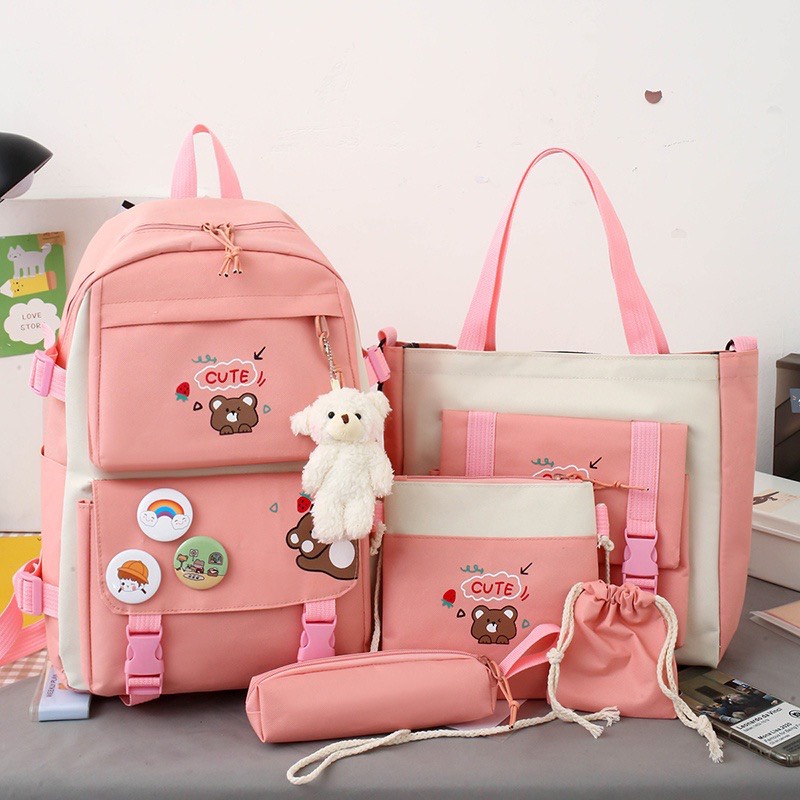 Combo Balo 4 Món Đi Học, Balo Thời Trang - SET GẤU CUTE
