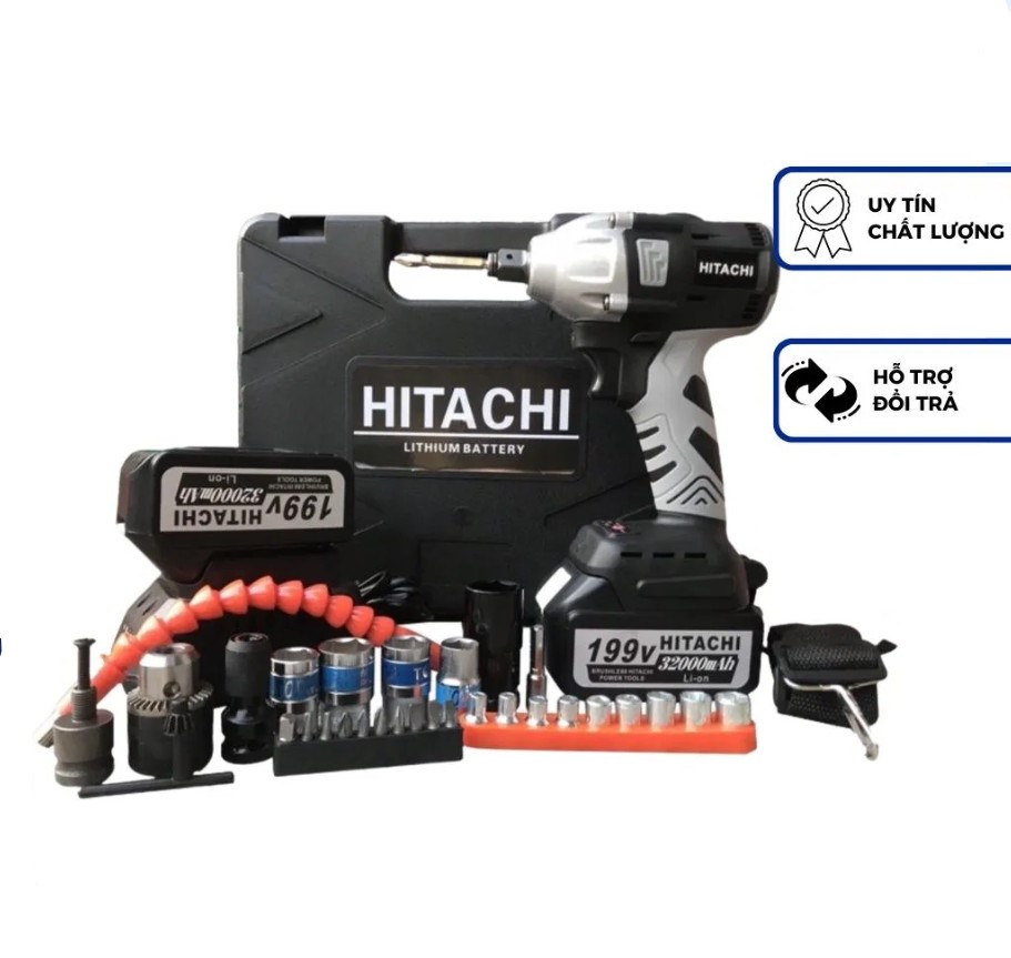 siết bulong hitachi 2 pin 199v kèm phụ kiện không chổi than
