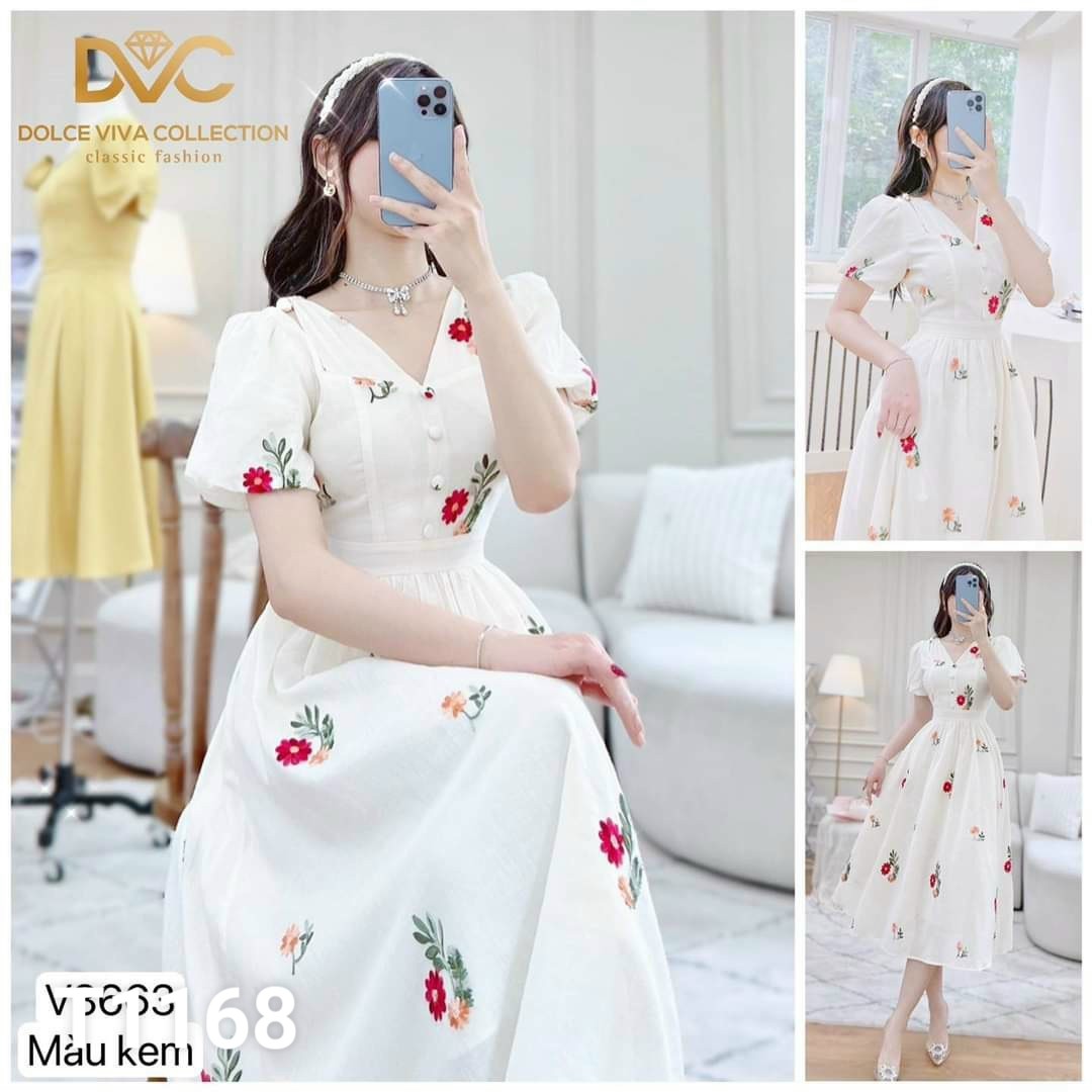 Đầm xốp hoa tay phồng nút bọc cổ tim màu y hình khoét vai T1168