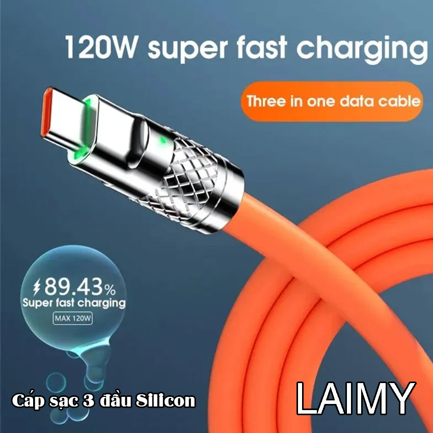 Cáp sạc 3 đầu silicon dùng cho Iphone lightning, type-C, micro - LAIMY