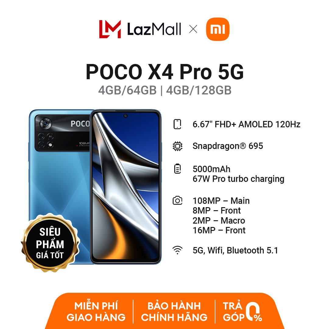Điện thoại POCO X4 pro 5G | 6/128GB 8/256GB | Snapdragon®695 | Sạc nhanh 67W | Pin 5000mAh | Chính hãng DGW - Bảo hành 18 tháng