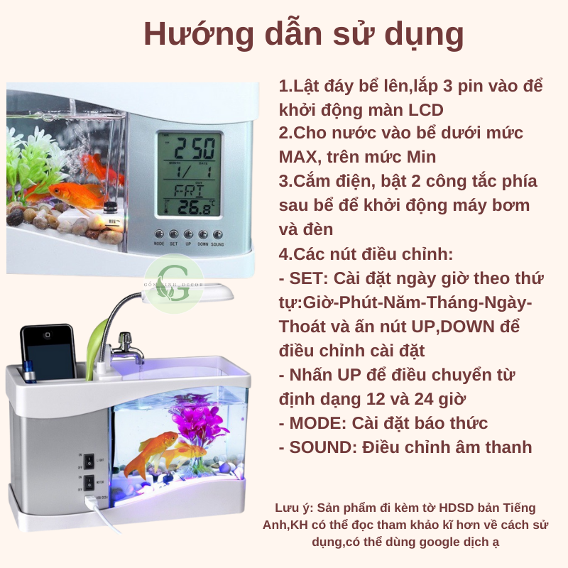 Bể Cá-[Bể cá+Đồng Hồ + Đèn Bàn + Sỏi, Cây Thủy Sinh]-Bể cá mini-Bể cá để bàn-hồ cá