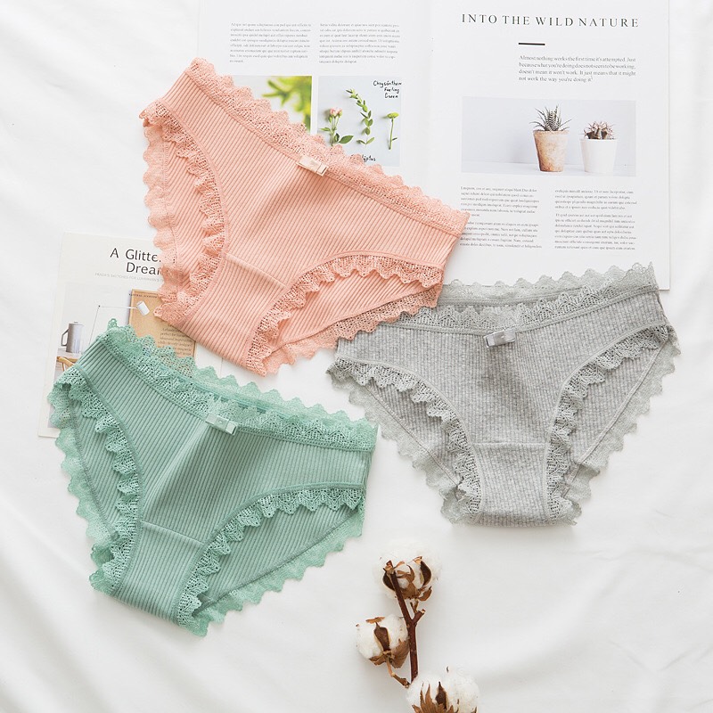 Combo 10 quần lót nữ cotton viền ren gân tăm kháng khuẩn xuất nhật