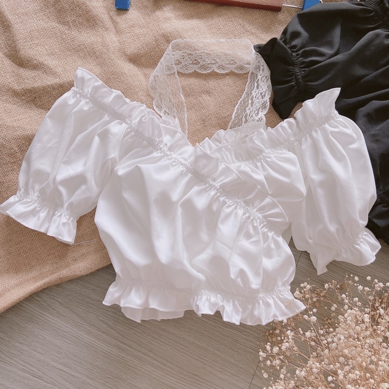 Áo kiểu croptop nữ đắp chéo phối ren, áo trễ vai tay phồng cổ bèo siêu xinh