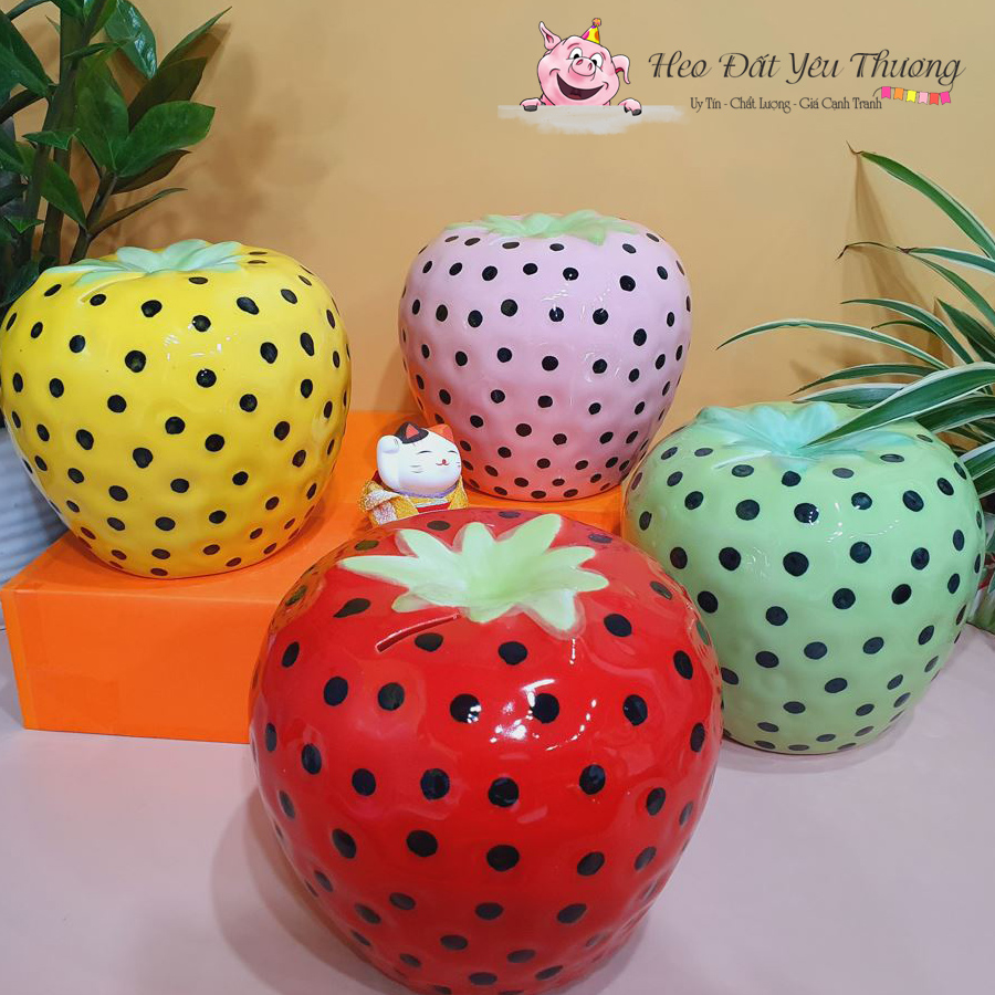 Dâu tây tiết kiệm 3 size từ nhỏ đến to ống tiết kiệm heo đất lợn đất quà tặng, trang trí decor góc học tập, làm việc, phòng khách