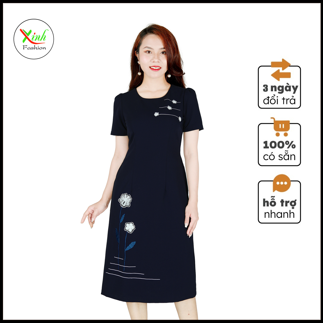 Đầm Suông A Thêu Hoa Nổi Xanh Đen Cực Sang Tạo Dáng Gọn DL875