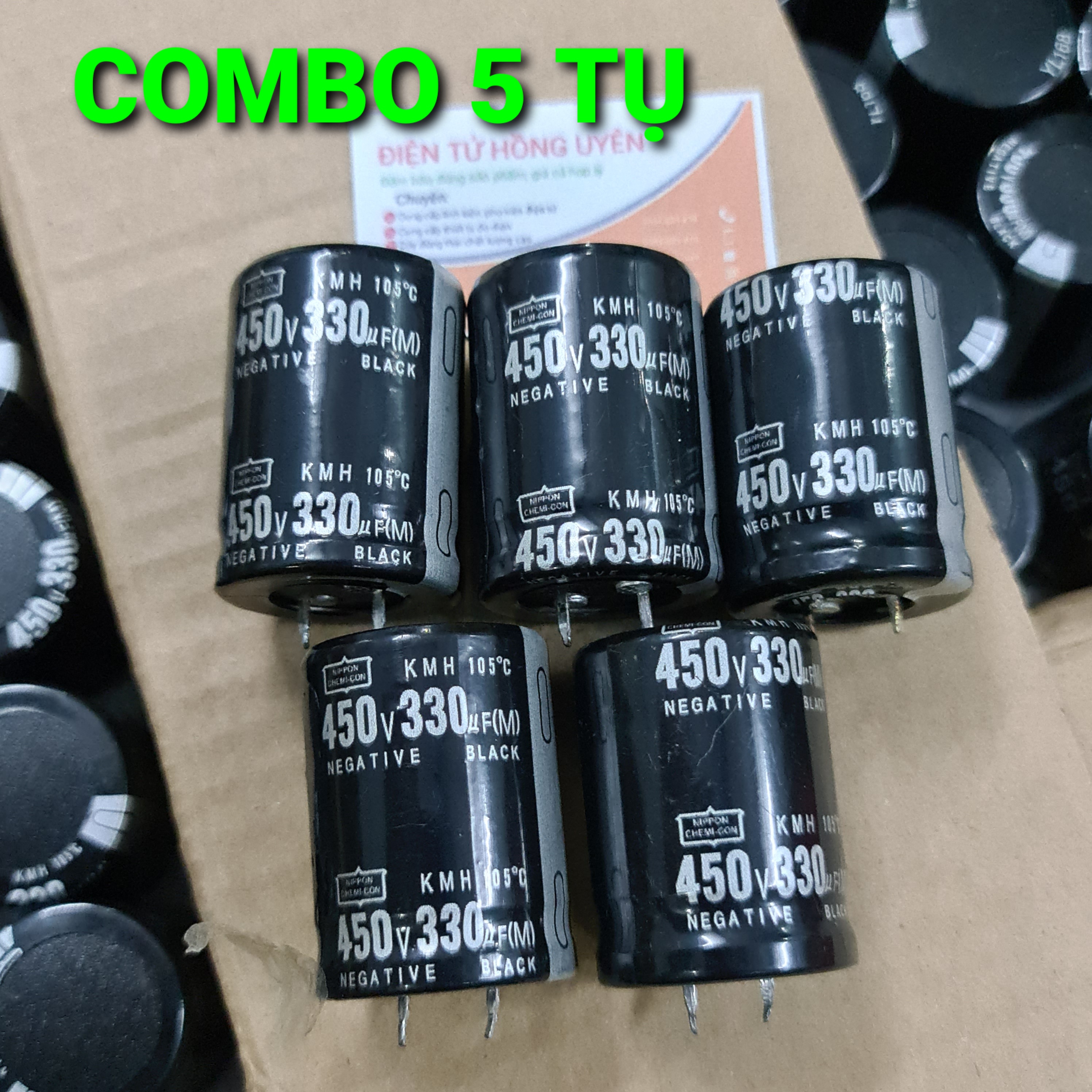 Combo 5 con tụ 330UF 450V, Tụ nhôm phân cực áp cao chuyên dùng cho máy giun, máy điện tử, tụ lọc nguồn 220v. Kích thước 40x30mm