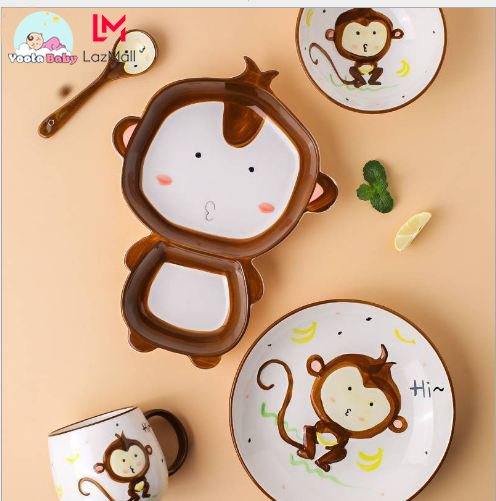 Ảnh thật Bộ khay đĩa Bát sứ cao cấp cho bé ăn dặm hình Khỉ Monkey siêu kute