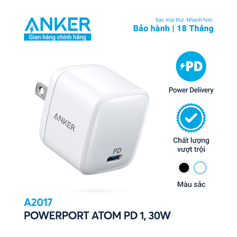 Sạc ANKER PowerPort Atom PD 1 cổng 30W [GaN Technology] - A2017 - Hỗ trợ sạc nhanh 18W cho iPhone 8 trở lên bằng cáp USB-C ra Lightning và Sạc nhanh 30W cho iPad Pro 2018, iPad Pro 2020 và các thiết bị dùng sạc nhanh Power Delivery