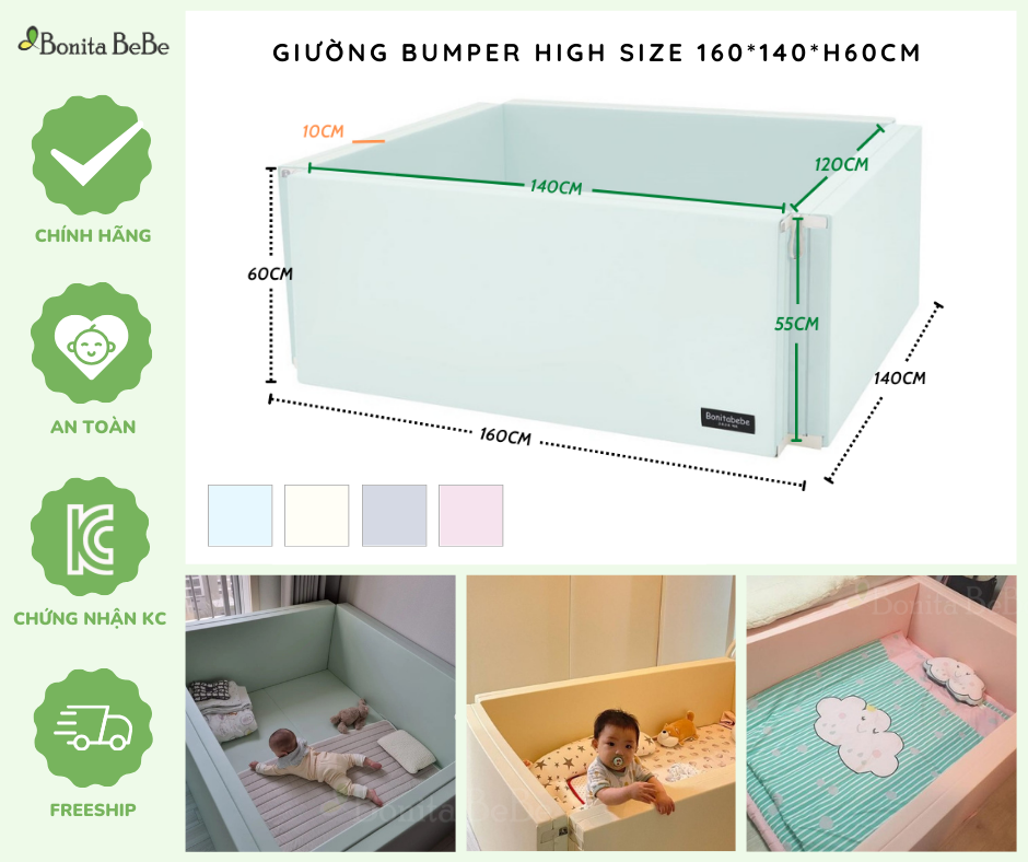 Giường Ngủ Cho Bé BonitaBeBe Bumper Bed High 160*140*h60cm Đa Năng - Nhập Khẩu Chính Hãng HQ