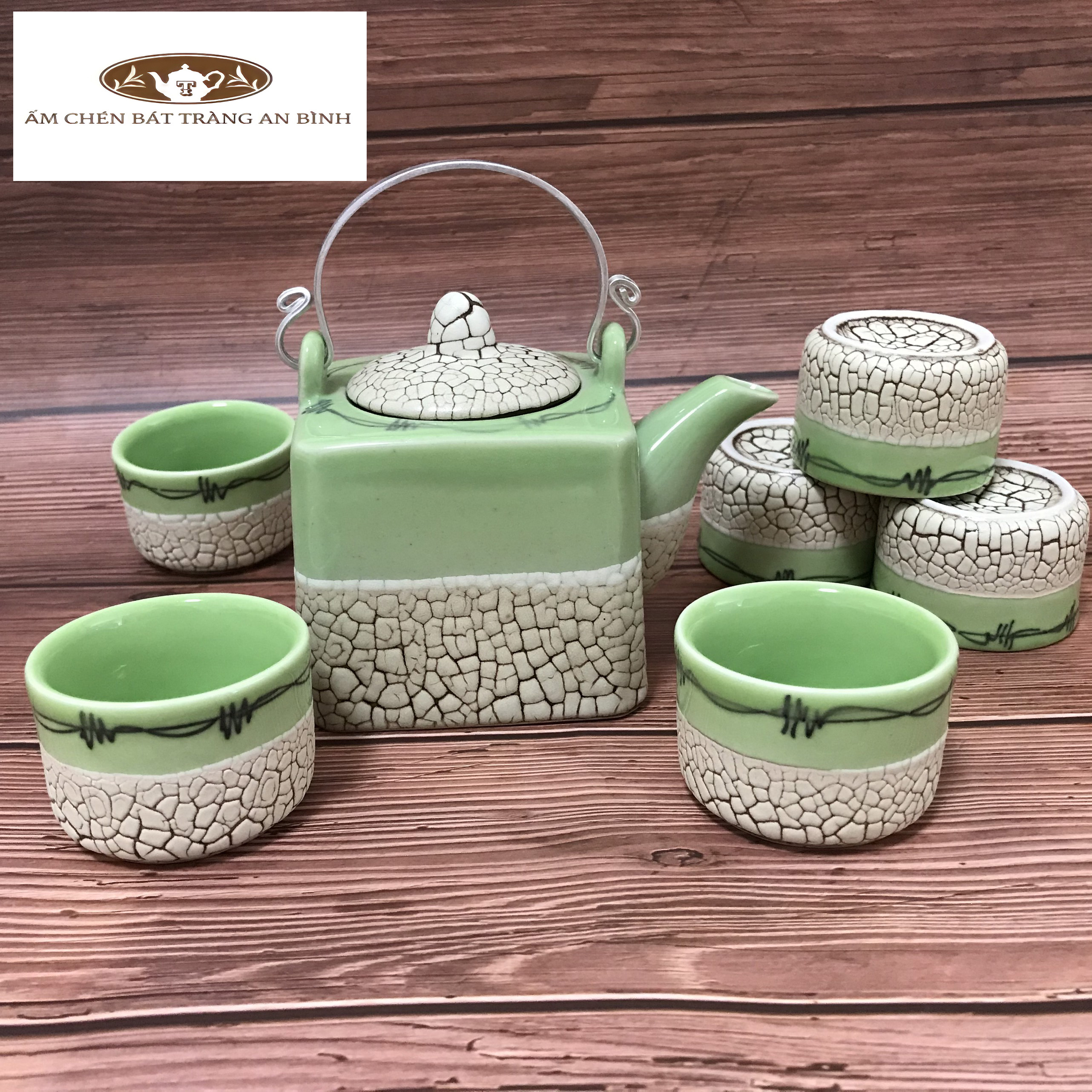 Bộ ấm chén gốm sứ Bát Tràng men Rạn Xanh Vuông