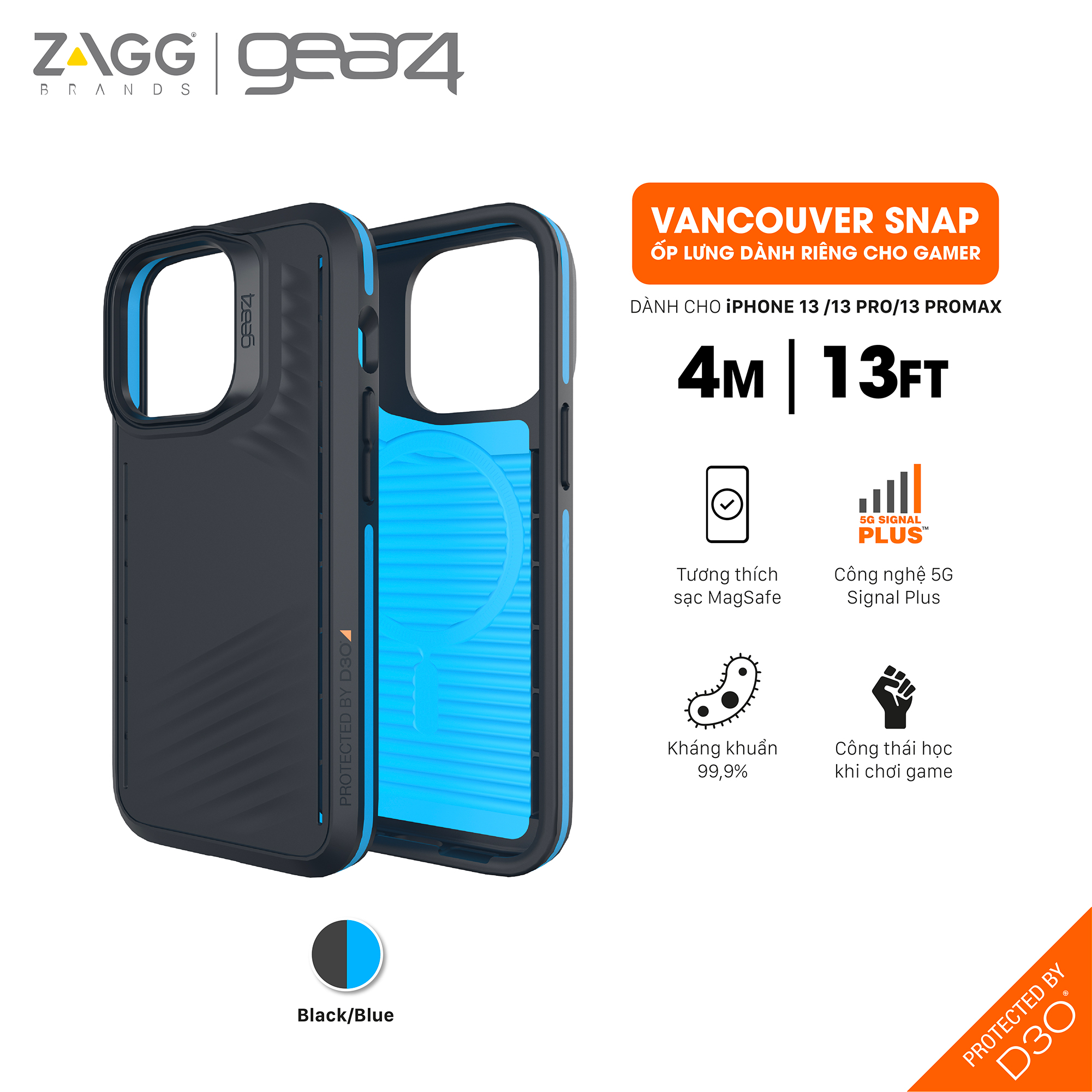 Ốp lưng chống sốc Gear4 D3O Vancouver Snap 4m hỗ trợ sạc Magsafe cho iPhone 13 series