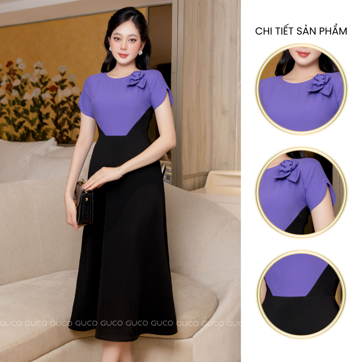 Đầm xòe đuôi cá phối áo tím kết hoa - Đen 4045