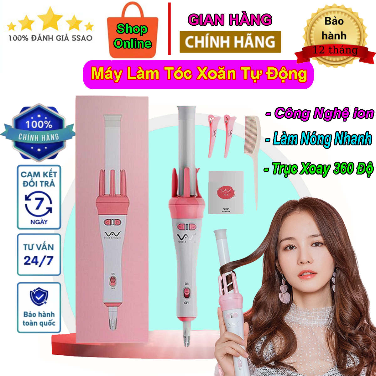 Máy làm tóc xoăn tự động, máy làm tóc xoăn tự động 360 độ, phong cách Hàn Quốc, nóng nhanh, uốn xoăn, uốn cụp, máy uốn tóc mini, không làm hư hại tóc, an toàn, máy làm tóc xoăn tự động mini, máy làm tóc xoăn sóng nước