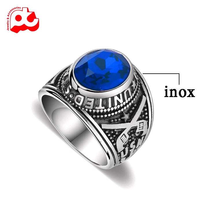 Nhẫn nam inox thời trang kiểu quân đội mỹ trangsucanbinh đá xanh dương nhẫn màu trắng thép không gỉ PTNNA03
