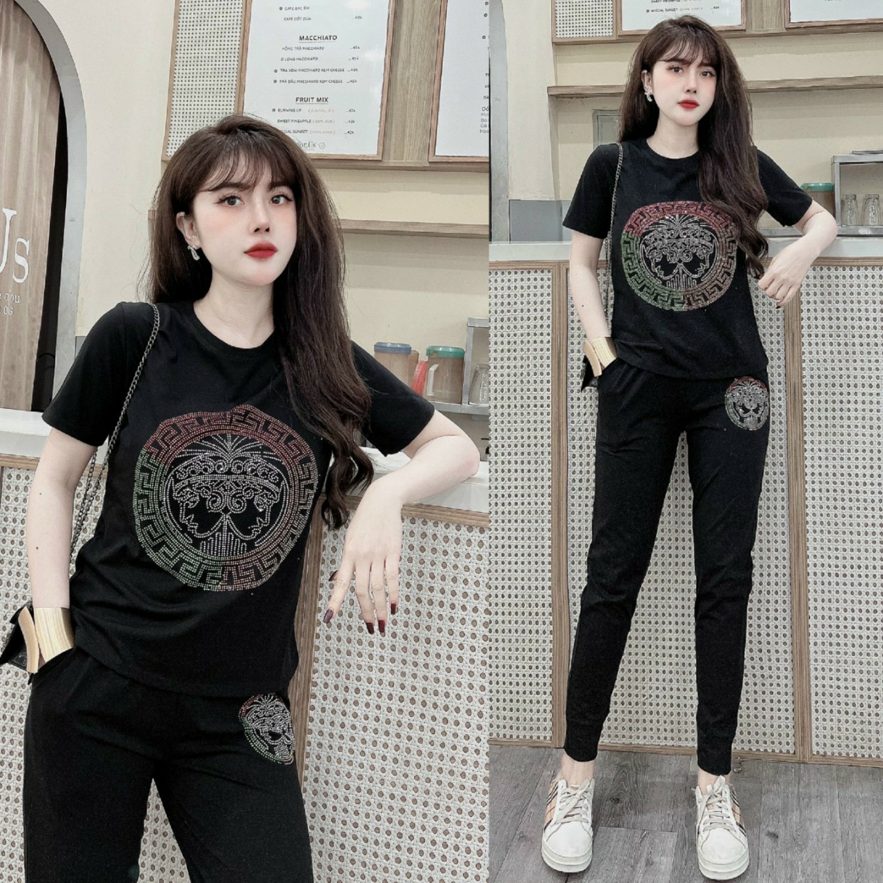 Đồ bộ thun cotton đính đá họa tiết (3 màu: đen, đỏ, cam)