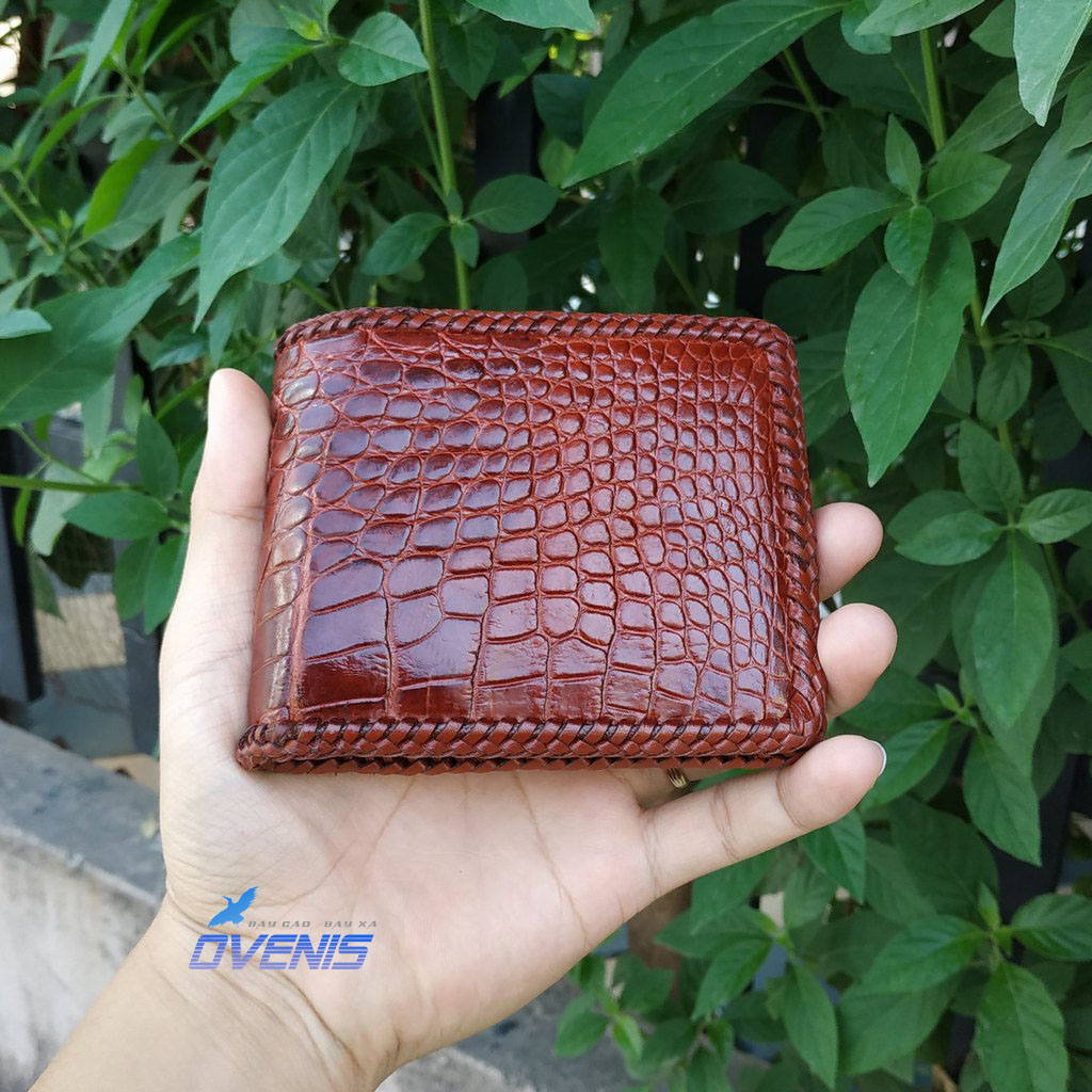 [FREE SHIP] Ví Da Bụng Cá Sấu Thật 2 Mặt Đan Viền Cao Cấp by Ovenis