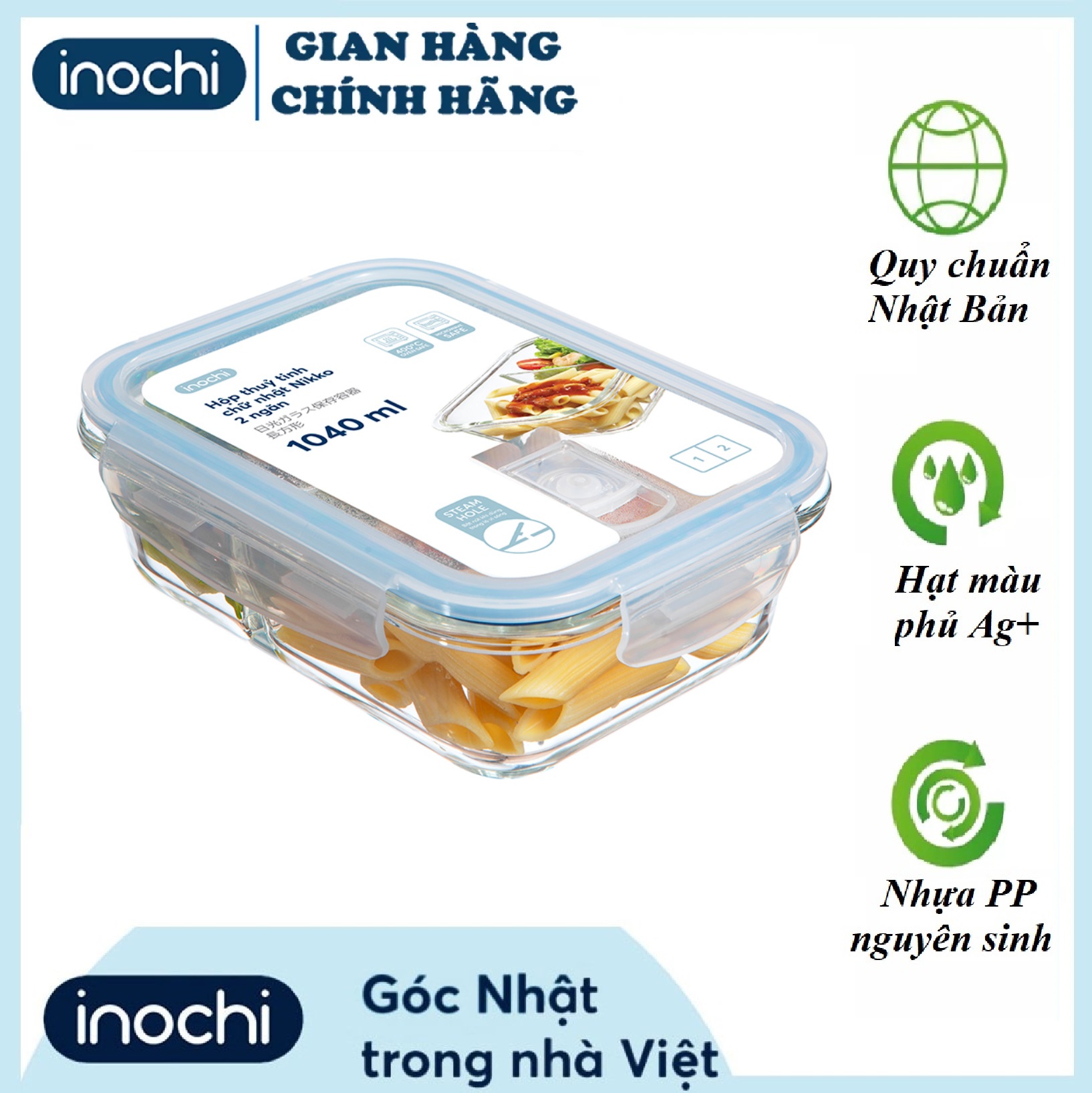 Hộp thủy tinh chữ nhật Nikko 1040 ml (2 ngăn)