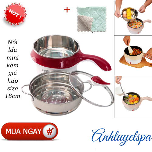 ( Tặng kèm 2 khăn lau nhà bếp ) Nồi lẩu mini kèm giá hấp size 18cm, Nồi lẩu điện tay dài đa chức năng