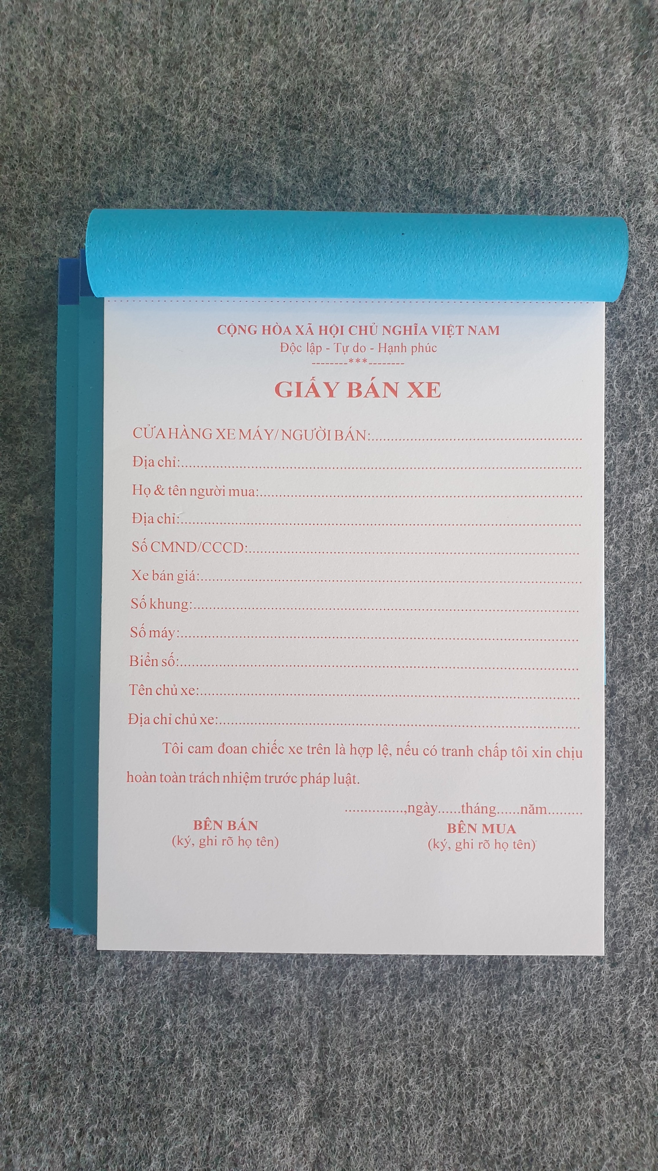 Giấy mua bán xe máy (03 quyển)