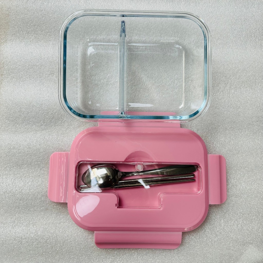Hộp Cơm Thủy Tinh Red Cherry 1 2 3 Ngăn Nhiều Size, Chống Tràn, Dùng Được Cho Lò Vi Sóng - Tự Ghép Set Túi Và Bộ Muỗng Đũa Nĩa